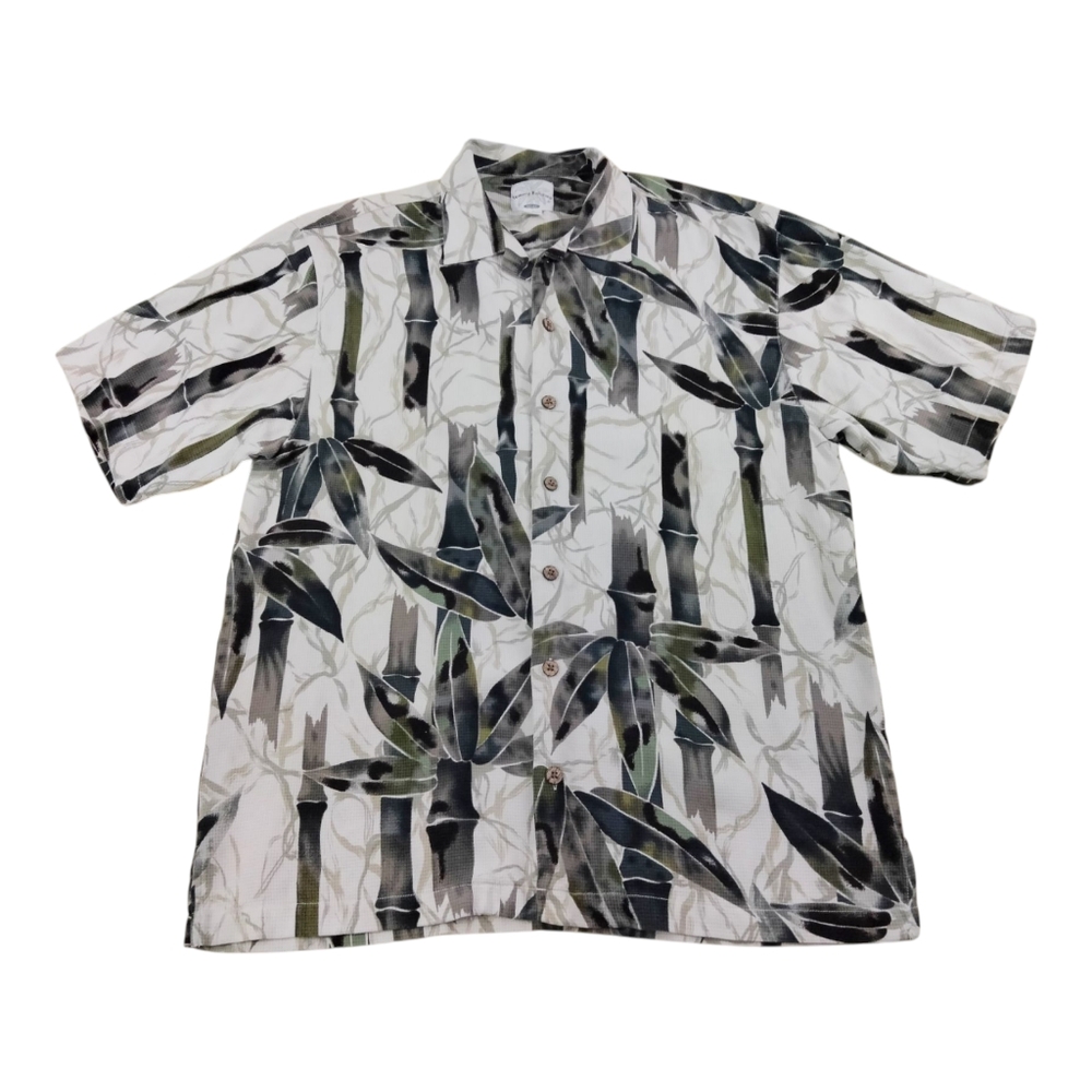 Tommy Bahama Relax Button Down Shirt Mens Size M Beige Bamboo Print 100% Silk